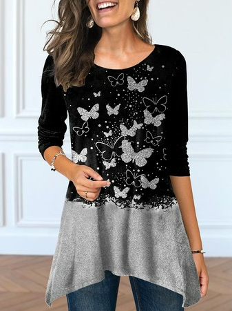 

Crew Neck Butterfly Casual Loose T-Shirt, Black, T-Shirts