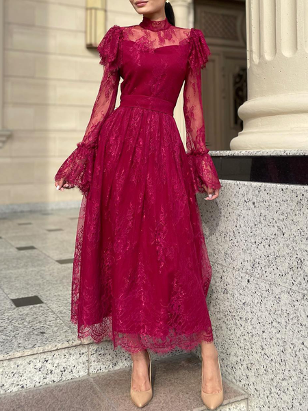 

Flora Lace Half Turtleneck Elegant Dress & Party Dress, Deep pink, Maxi Dresses
