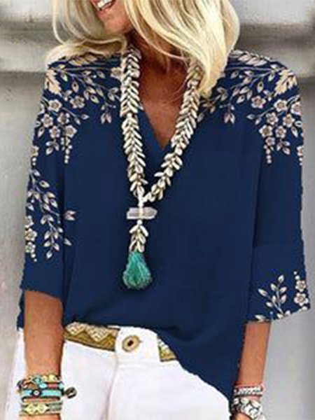 

V Neck Loose Vacation Floral Top, Dark blue, Shirts & Blouses