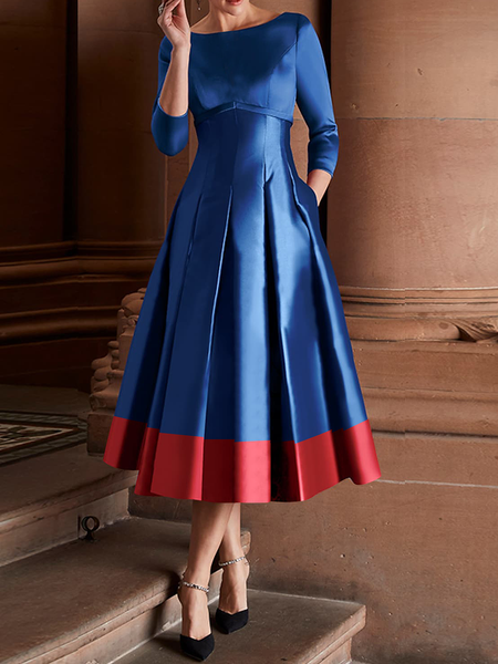 

Crew Neck Elegant Regular Fit Three Quarter Long Dress, Red-blue, Maxi Dresses