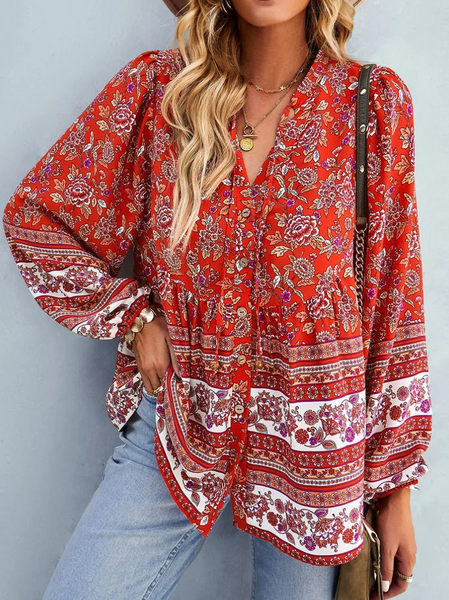 

Floral Loose Casual V Neck Blouse, Red, Shirts & Blouses