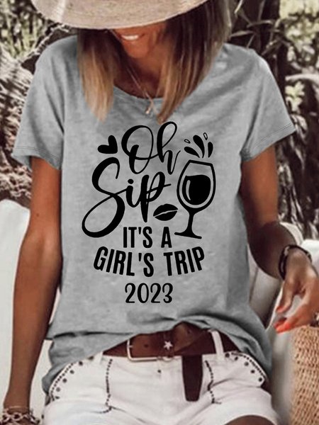 

Women's Oh Sip It's A Girl's Trip 2023 Casual Letters T-Shirt, Gray, T-shirts