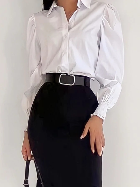 

Shirt Collar Regular Fit Long sleeve Plain Urban Blouse, White, Blouses and Shirts