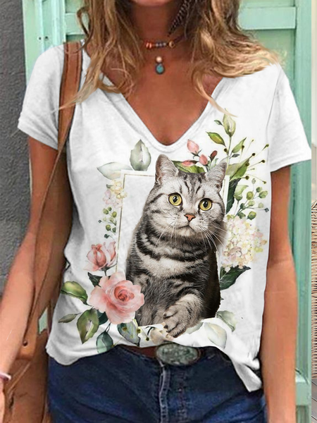 

Loose V Neck Floral Vacation Cat T-Shirt, White, T-Shirts