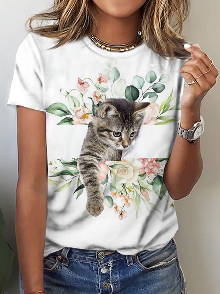 

Crew Neck Knitted Floral Cat Casual T-Shirt, Multicolor, T-Shirts