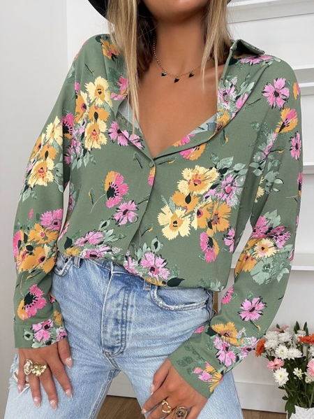 

Floral Shawl Collar Casual Regular Fit Blouse, Green, Shirts & Blouses
