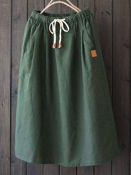 

Casual Loose Plain Cotton Drawstring Skirt, Green, Skirts