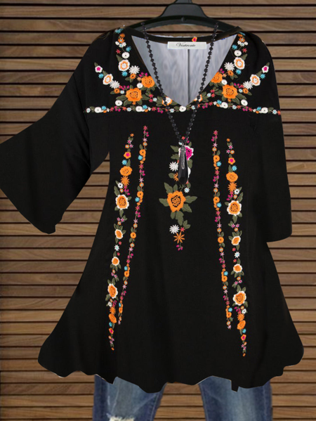 

Ethnic V Neck Loose Top, Black, Shirts & Blouses