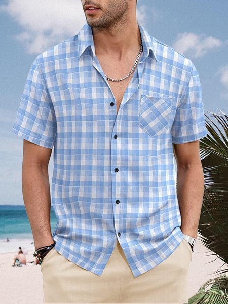 

Plaid Chest Pocket Short Sleeve Casual Shirt, Blue, Men Shirts