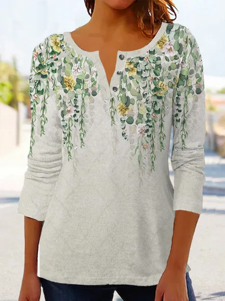 

Loose Floral Casual Crew Neck Top, Green, Shirts & Blouses