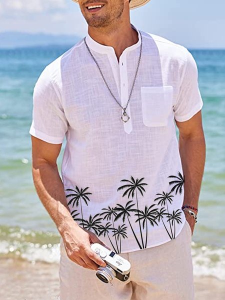 

Coconut Tree Chest Pocket Short Sleeve Resort Shirt, White, Men Shirts