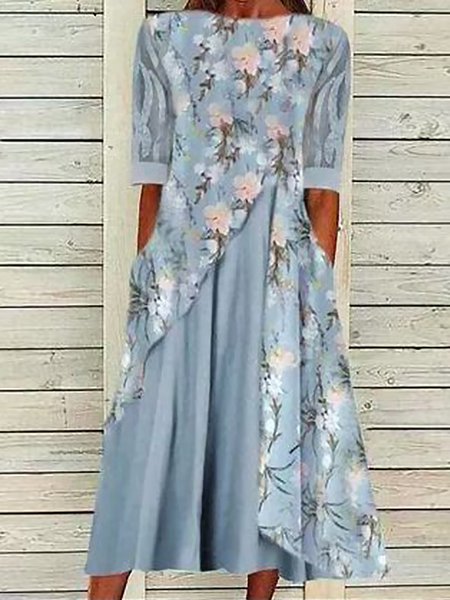 

Loose Floral Crew Neck Casual Dress, Blue, Dresses