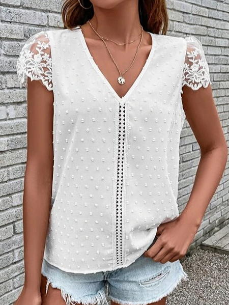 

Lace Casual V Neck Cotton-Blend Top, White, Shirts & Blouses