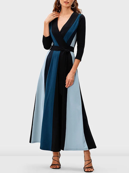 

Regular Fit Plain Elegant V Neck Dress, Blue, Maxi Dresses