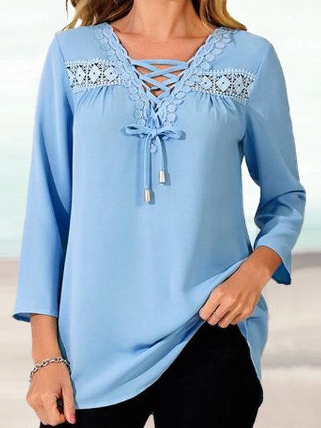 

Plain V Neck Casual Regular Fit Blouse, Blue, Shirts & Blouses
