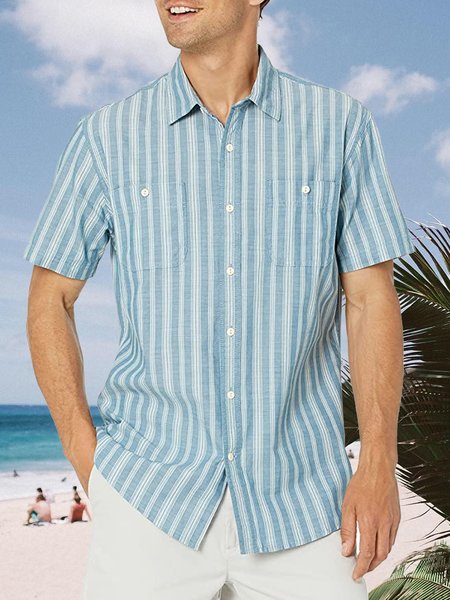 

Striped Chest Pocket Short Sleeve Casual Shirt, Blue, Men Shirts