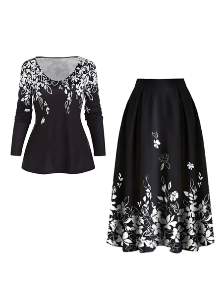 

Boho Floral Loose Two-Piece Set, Black, Suit Set