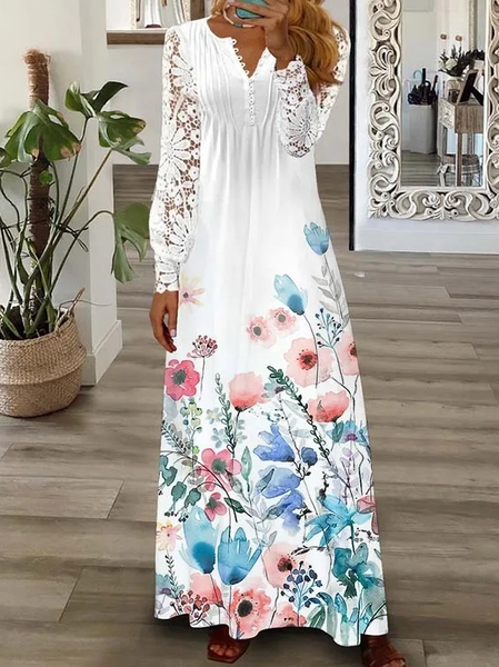 

Casual Floral V Neck Lace Sleeve Dress, White, Dresses