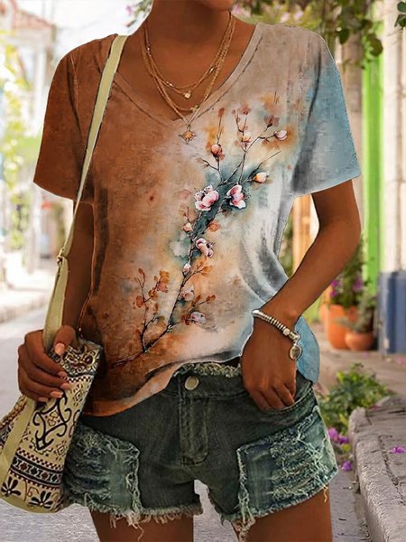 

Casual Floral Loose V Neck T-Shirt, Multicolor, T-Shirts