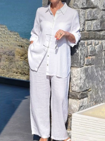 

Loose Plain Cotton-Blend Casual Two-Piece Set, White, Suits