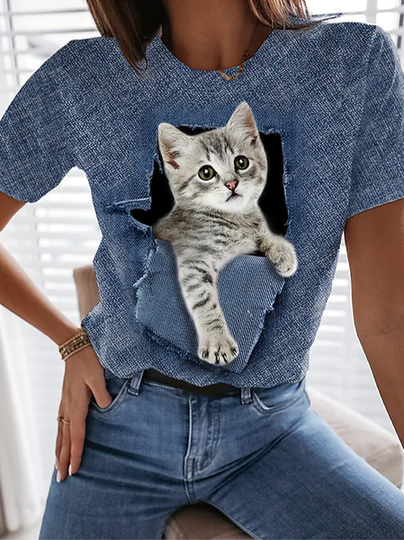 

Casual Loose Crew Neck Cat T-Shirt, Blue, T-Shirts