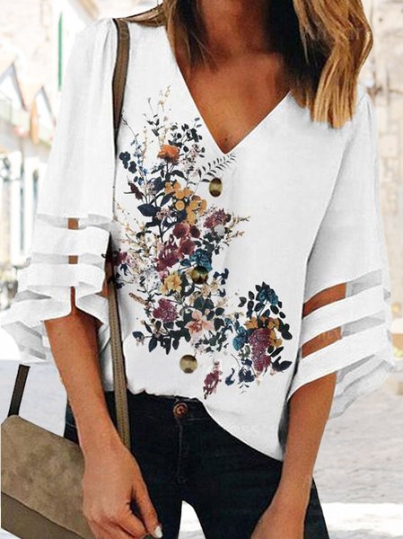

Casual Floral Regular Fit V Neck Blouse, White, Shirts & Blouses