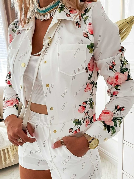

Floral Shirt Collar Casual Regular Fit Jacket, White, Jackets