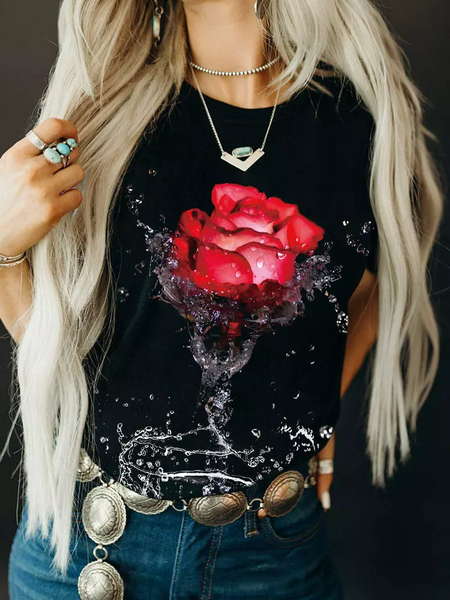 

Loose Casual Floral Crew Neck T-Shirt, Black, T-Shirts