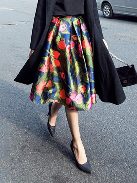 

Green Daily Floral Elegant Regular Fit Skirt, Skirts