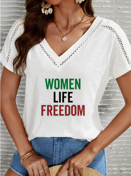 

V Neck Casual Loose Text Letters T-Shirt, White, T-Shirts
