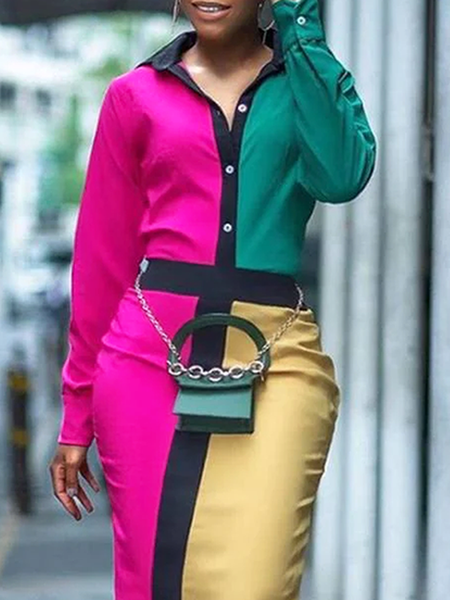 

Urban Color Block Regular Fit Shirt Collar Color Block Long sleeve Blouse, Multicolor, Blouses and Shirts