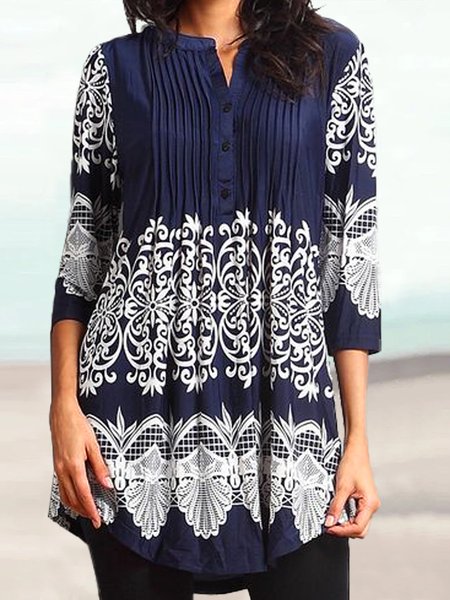 

V Neck Ethnic Regular Fit Ethnic Blouse, Dark blue, Shirts & Blouses