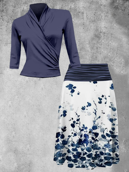 

V Neck Regular Fit Plain Casual Two-Piece Set, Dark blue, Suit Set