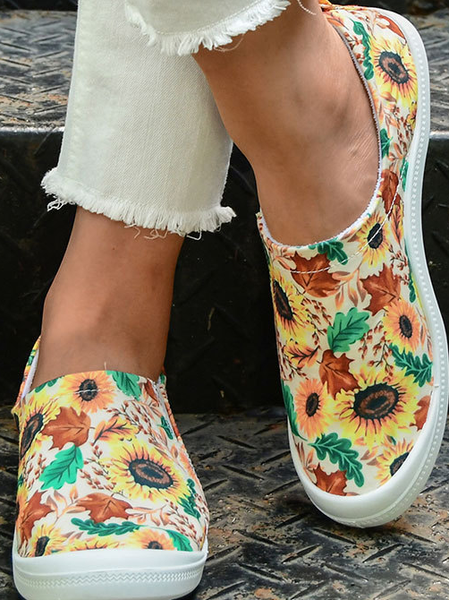 

Sunflower Pattern Graphic-Print Canvas Flat Shoes, Yellow, Sneakers