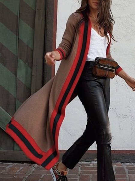 

V Neck Long sleeve Color Block Elegant Sweater Coat, Coffee, Cardigans