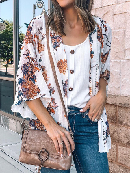 

Floral Loose Casual Others Jacket, White, Cardigans