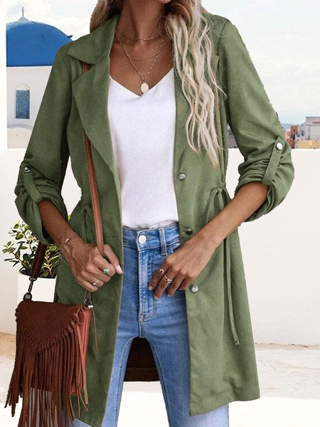 

Casual Cotton-Blend Buttoned Trench Coat, Green, Trench Coats