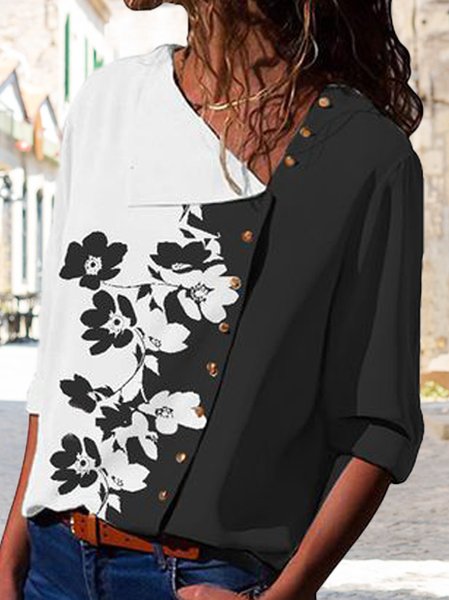 

Shawl Collar Casual Regular Fit Blouse, Black, Shirts & Blouses