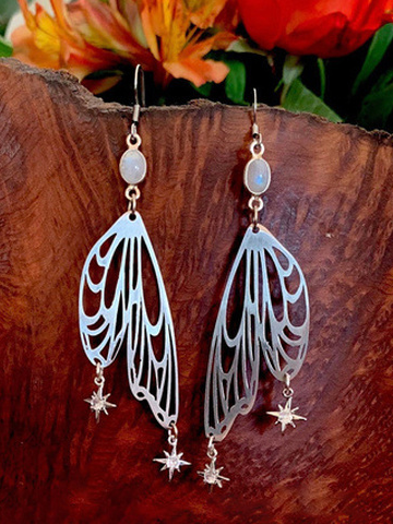 

Vintage Opal Moonstone Cutout Dragonfly Wings Earrings, Silver, Earrings