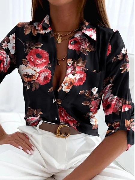 

Floral Casual Shirt Collar Loose Blouse, Black, Shirts & Blouses