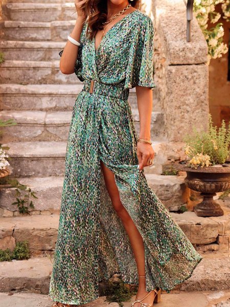 

Vacation Disty Floral Short Sleeve Dress, Green, Casual Dresses