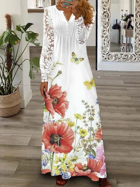 

Floral Casual V Neck Lace Loose Dress, White, Dresses