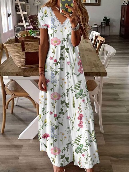 Floral Lace Casual V Neck Dress, White, Dresses