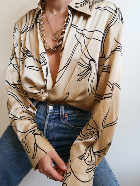 

Shirt Collar Elegant Abstract Loose Long Sleeve Blouse, Beige, Blouses and Shirts