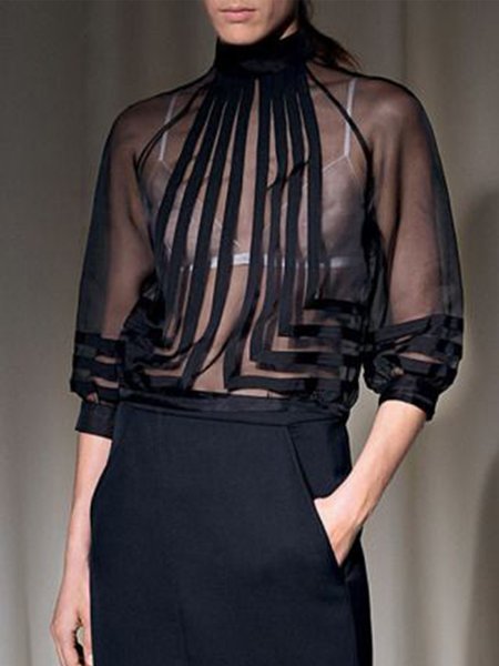 

Plain Loose Stand Collar Urban Blouse, Black, Blouses and Shirts