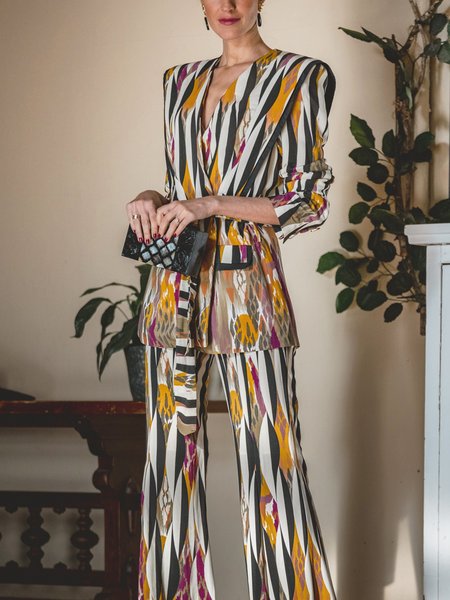 

V Neck Abstract Elegant Long sleeve No Elasticity Blazer, As picture, Blazers
