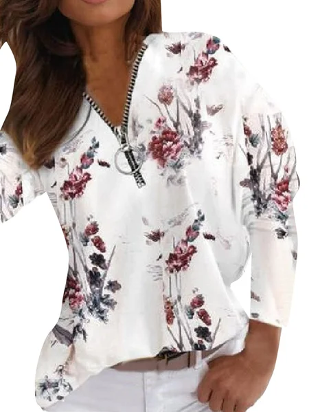 

Floral Regular Fit Casual V Neck Blouse, White, Shirts & Blouses