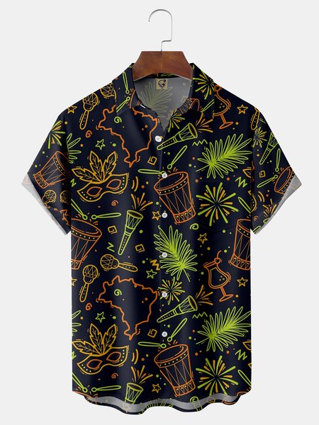 

Brazilian Carnival Mask Chest Pocket Short Sleeve Casual Shirt, Dark blue, Men Shirts