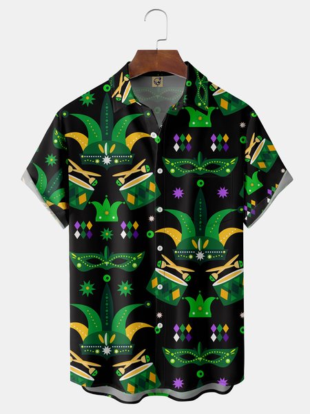 

Brazil Carnival Mask Chest Pocket Short Sleeve Shirt, Black, Men Shirts
