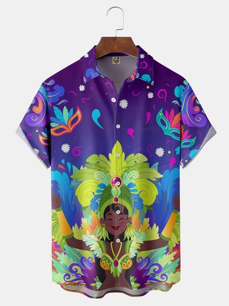 

Brazil Carnival Chest Pocket Short Sleeve Casual Shirt, Purple, Men Shirts